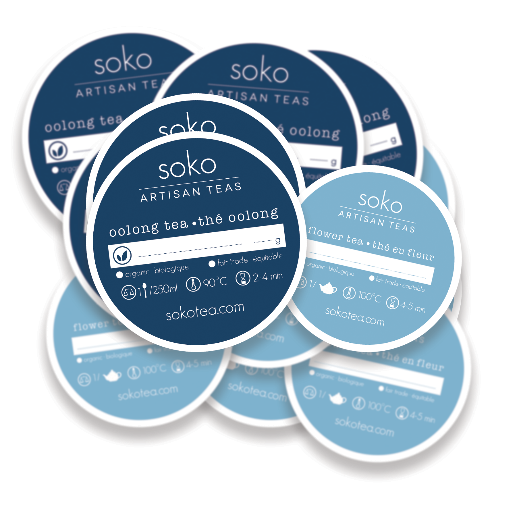 Round stickers for SOKO tea in dark blue and light blue colours. Mockup.